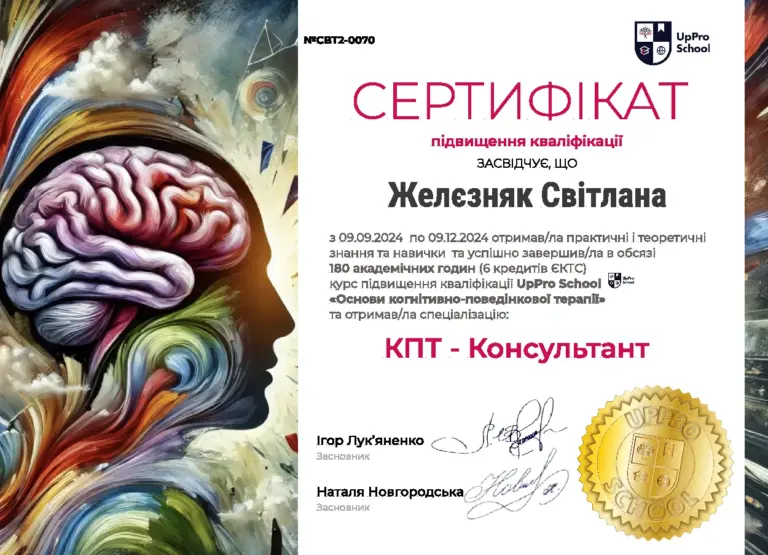 Сертифікат «Основи когнітивно-поведінкової терапії», UpPro School, 2024