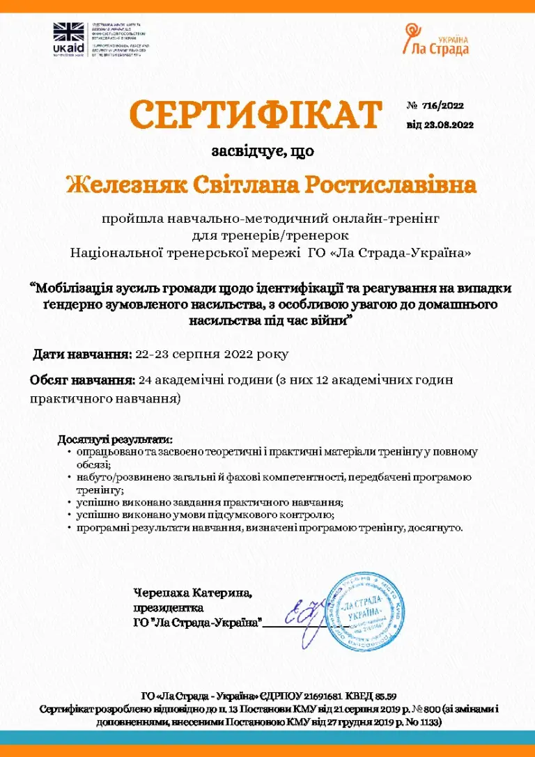Сертифікат Ла Страда «Мобілізація зусиль громади щодо ідентифікації та реагування на випадки ґендерно зумовленого насильства», 2022