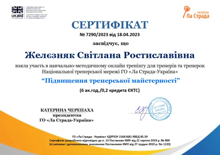 Сертифікат Ла Страда «Підвищення тренерської майстерності», 2023