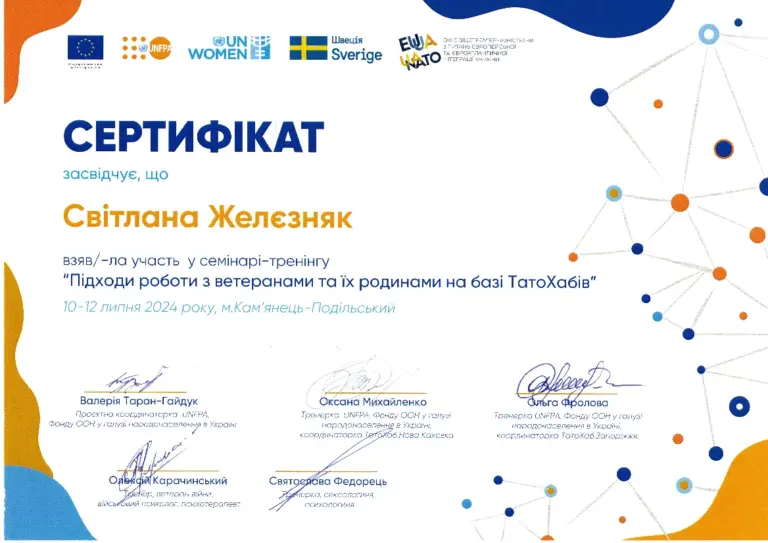 Сертифікат семінару-тренінгу «Підходи роботи з ветеранами та їх родинами на базі ТатоХабів», 2024