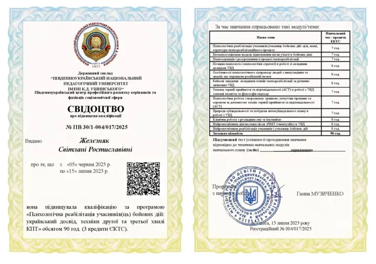 Свідоцтво ПНПУ імені К. Д. Ушинського «Психологічна реабілітація учасників(ць) бойових дій», 2025